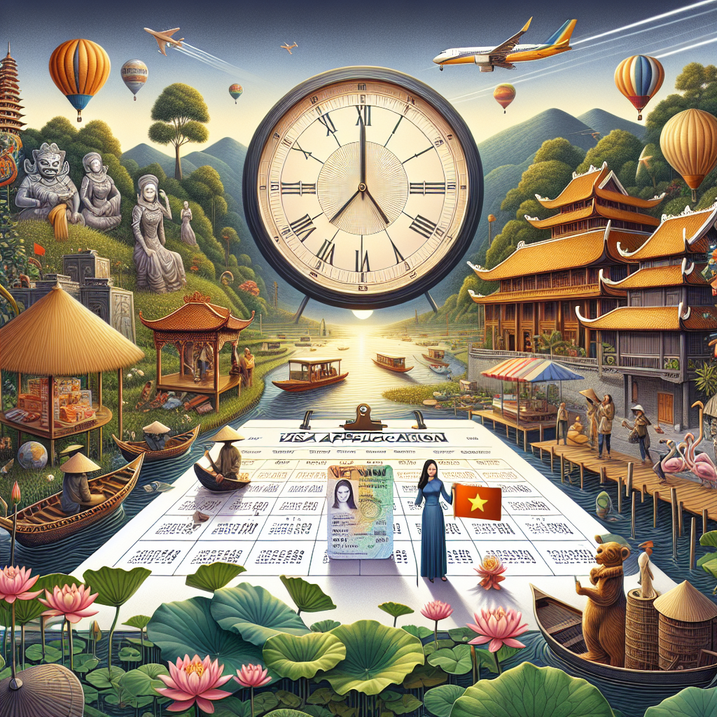 Illustration of Vietnamese architecture, hot air balloons, and a large clock symbolizing the best time to apply for a Vietnam