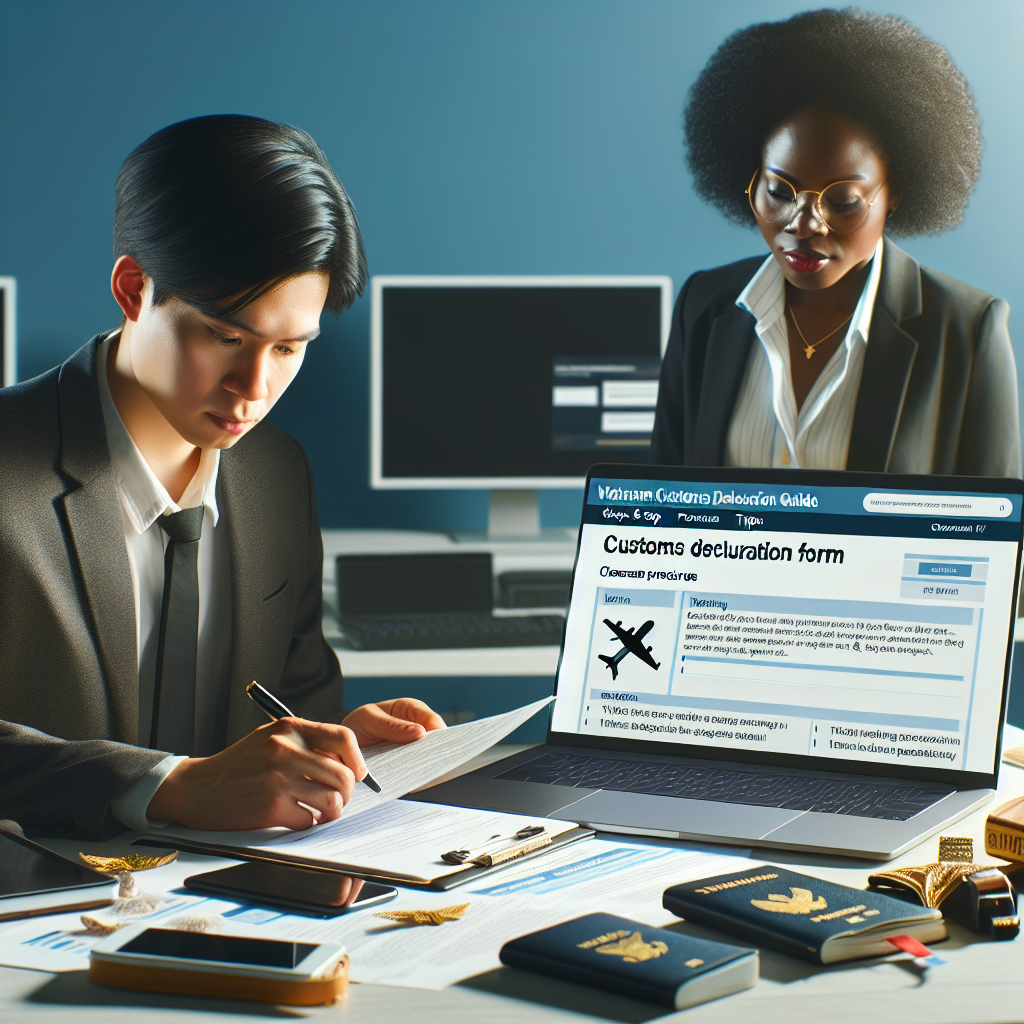 Two professionals filling out a Vietnam customs declaration form on a laptop in an office.