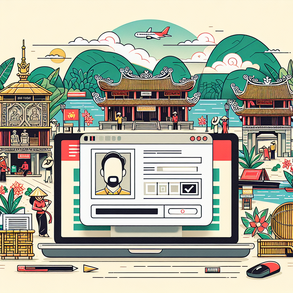 Illustration of digital identity verification on a laptop with Asian-style buildings and landscape in the background.