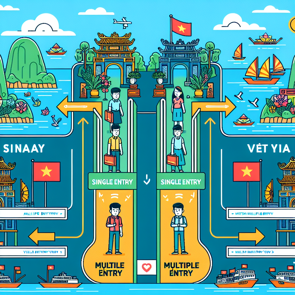 Illustration showing Vietnam border with pathways for single entry and multiple entry visas alongside cultural landmarks.