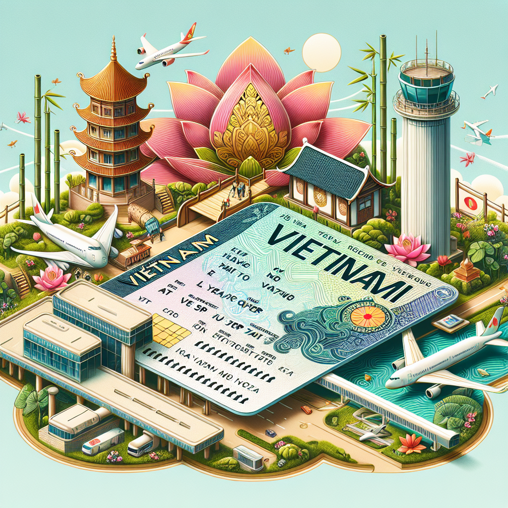 Illustration of a Vietnam transit visa with Vietnamese landmarks and planes symbolizing layover and stopover travel.