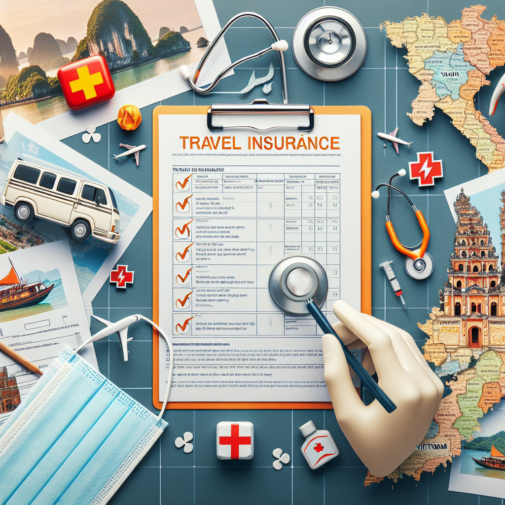 Travel insurance concept with medical tools, travel essentials, and a checklist on a Vietnam map background.