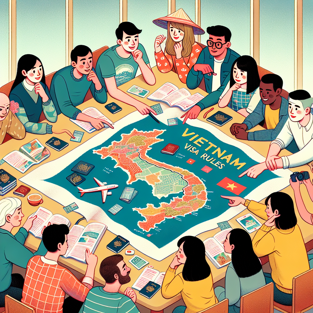 Diverse group of people studying Vietnam visa rules with a Vietnam map on the table.