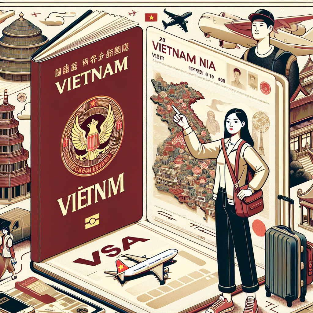 Illustration of Vietnam travel essentials: Chinese passport, map, airplane, and traveler preparing for a trip.