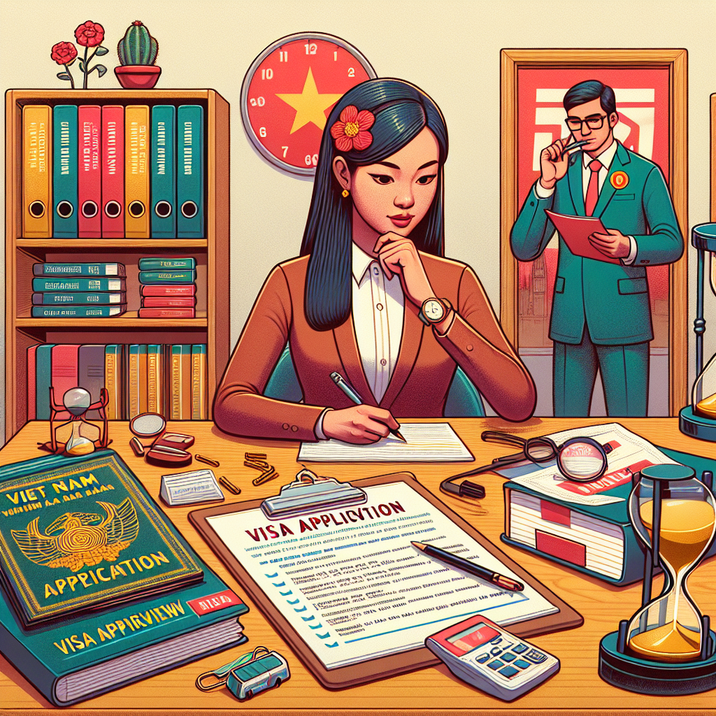 Woman filling out a visa application while a man reviews documents in a Vietnamese office for a visa interview.