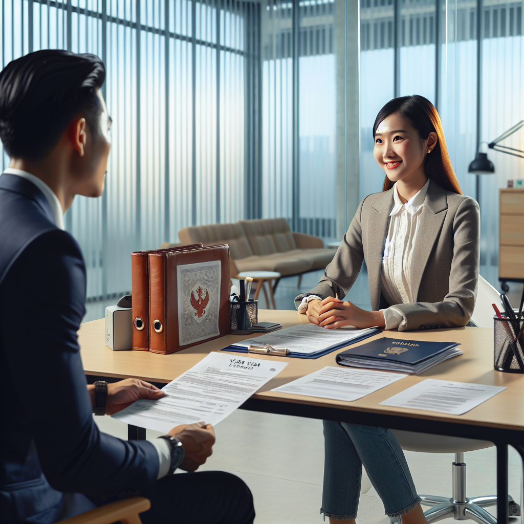 Businessman interviewing a female candidate in a modern office, symbolizing a Vietnam visa interview preparation.