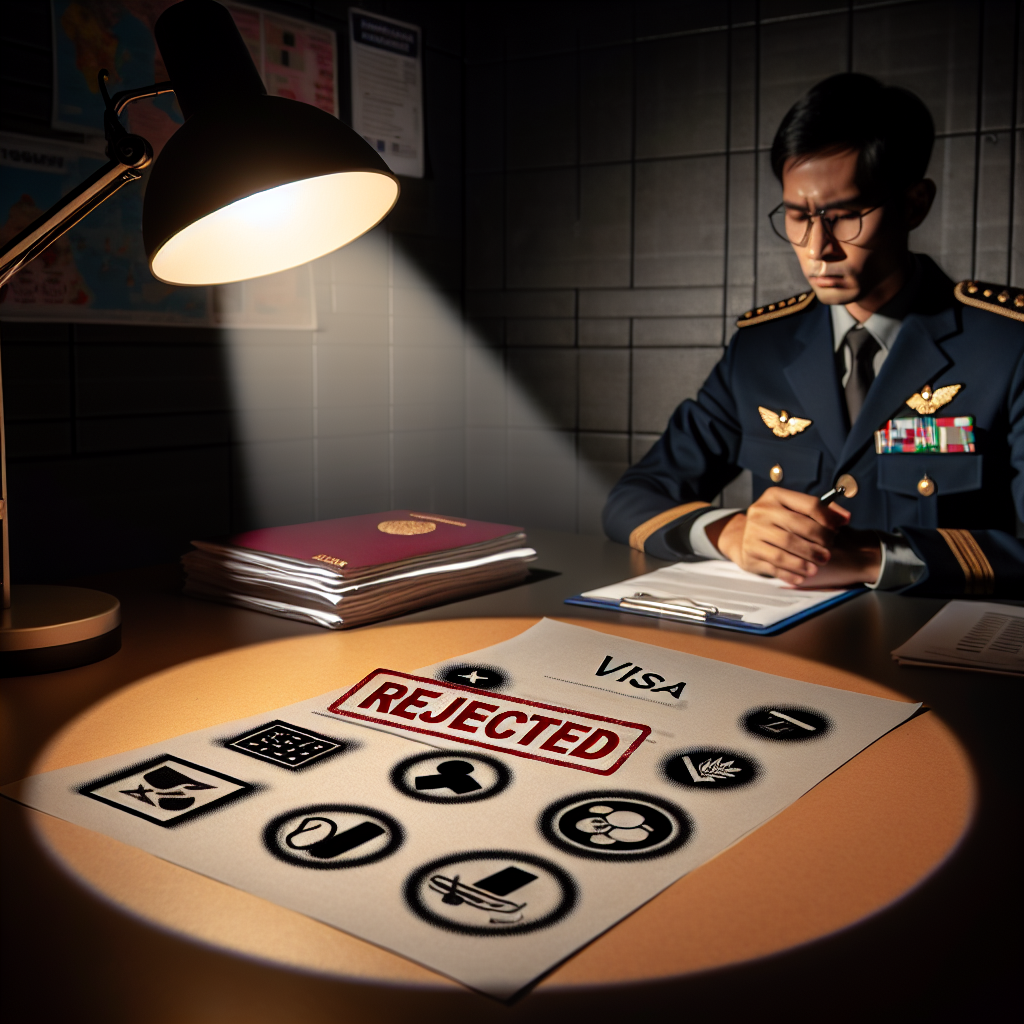 Military officer examining a rejected visa application under a desk lamp, highlighting visa rejection issues.