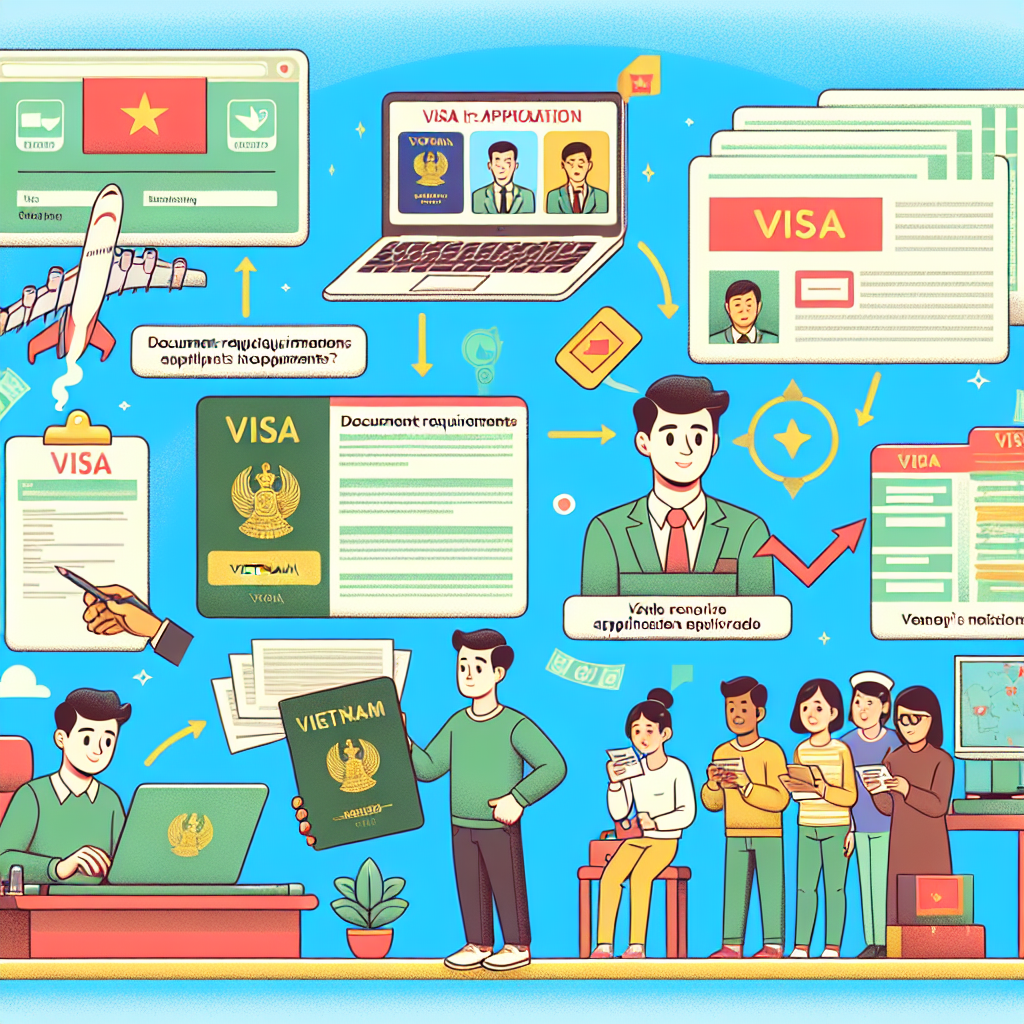 Illustration showing Vietnam visa application steps with documents, online submission, and happy applicants for visa approval